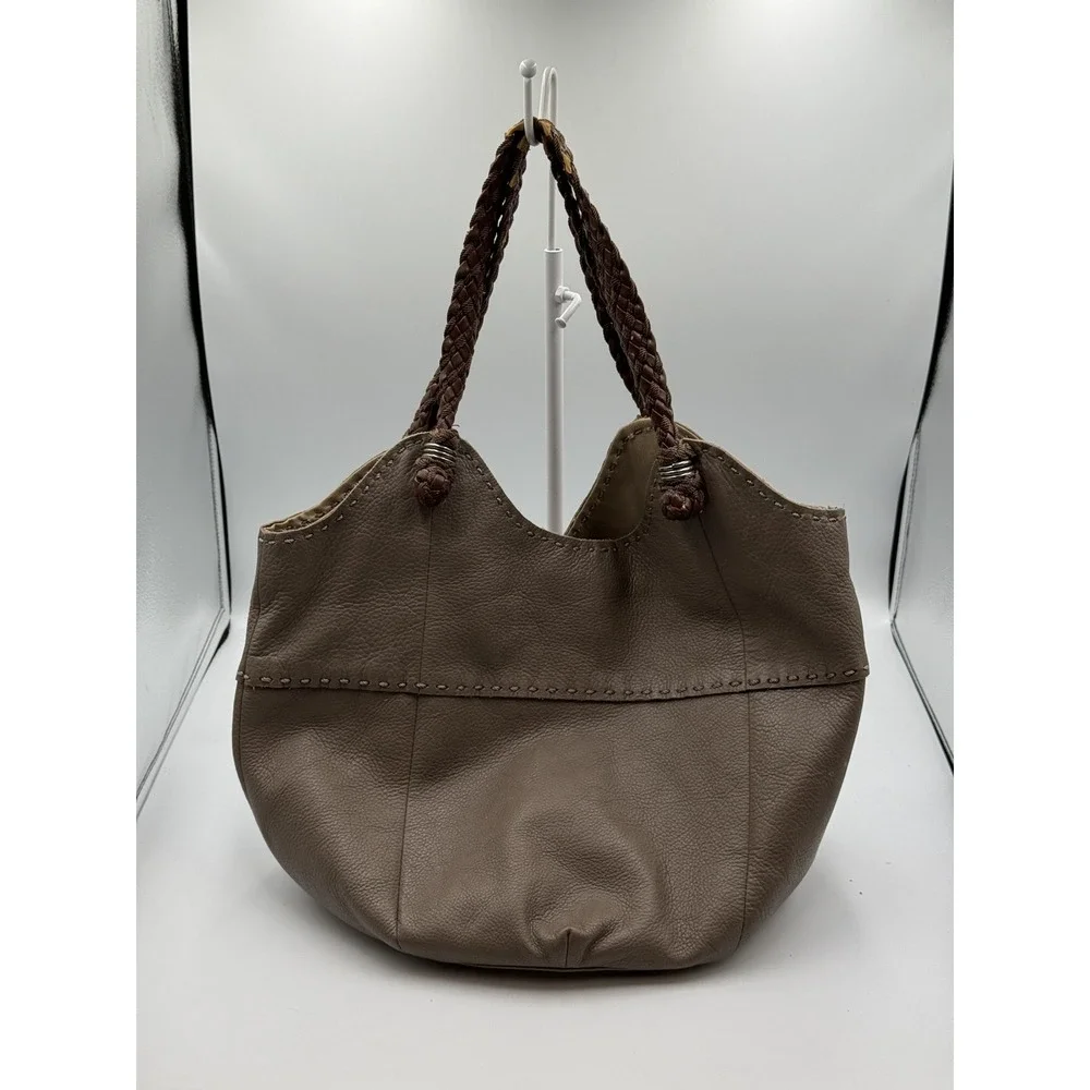 The Sak Hobo Bag Womens Medium Taupe Fair Braided Strap Leather Whipstitch Boho